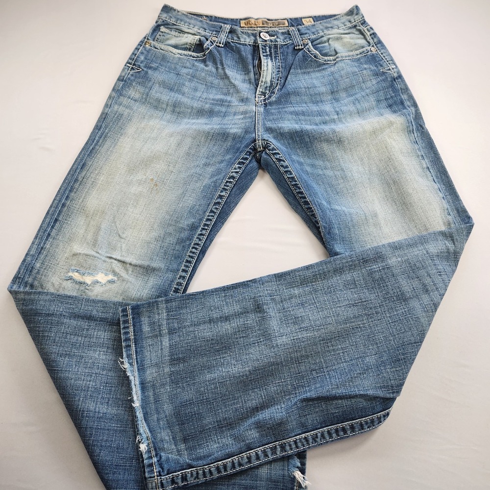 BKE Seth Bootcut Jeans Mens 34L Blue Denim Distressed Buckle Buckle Brand 34x34
